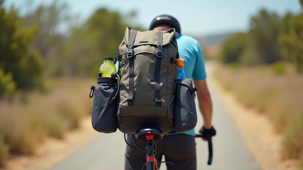 Mochila de ciclismo organizada sobre manillar, con botellas, herramientas y bolsas impermeables distribuidas