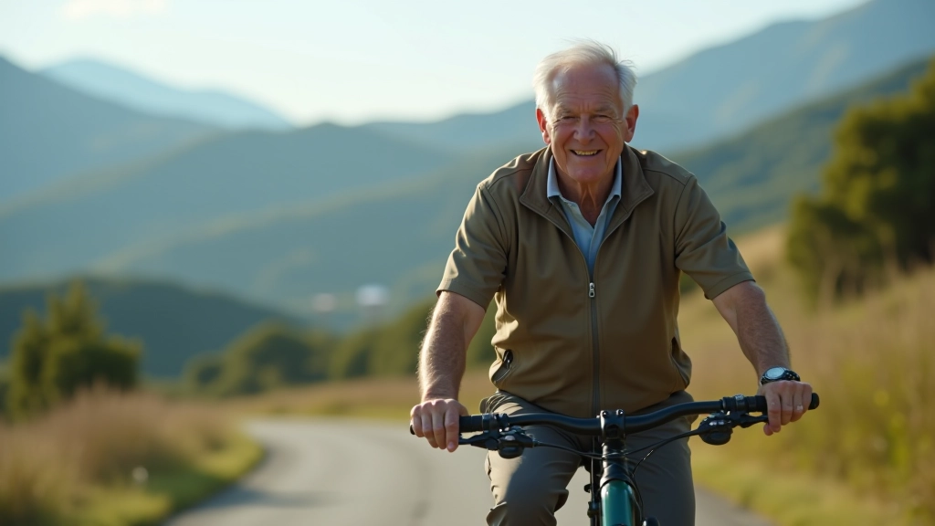 Persona mayor en bicicleta en camino de montaña, sonriente, paisaje verde de fondo